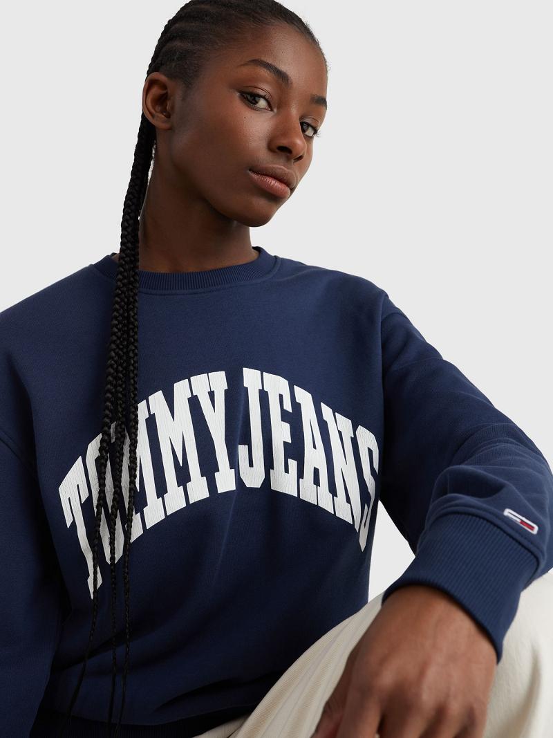 Női Tommy Hilfiger Tommy Logo Crewneck Pulóverek Sötétkék | HU 407CTV